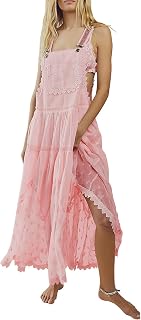 Women's Laced Embroidered Tulle Bib Dress Casual Loose Adjustable Straps Maxi Dress