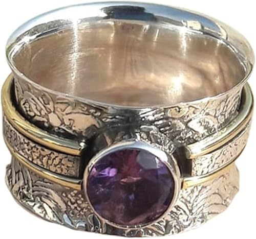 Natural Amethyst Spinner Ring, 925 Sterling Silver Meditation & Fidget Ring for Women, Handmade Spin Band Yoga Jewelry