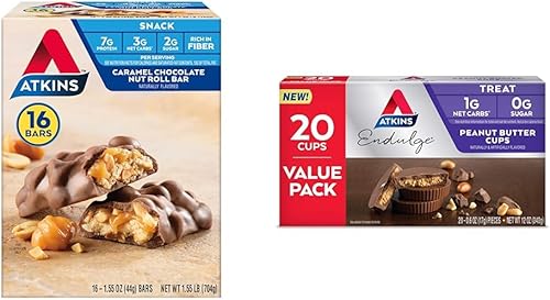Atkins Barra de chocolate con caramelo y nueces, aperitivo de proteínas, alto en fibra, 0.07 onzas de azúcar, 16 unidades y Endulge tazas de