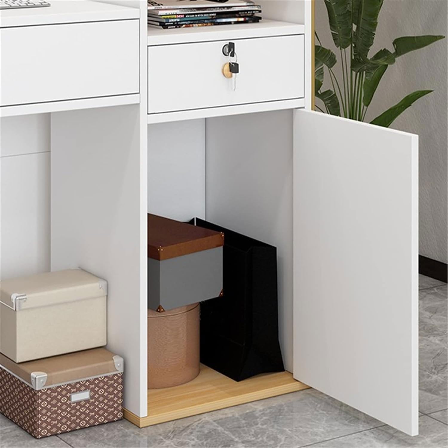 Empfangstheke, Ladentheke, Verkaufstheke, Empfangstheke mit abschließbaren Schubladen, Büro-Empfangstisch mit Regalen und 4 Stauräumen, Empfangstisch für Geschäft (Weiß, 120 * 90 * 35)