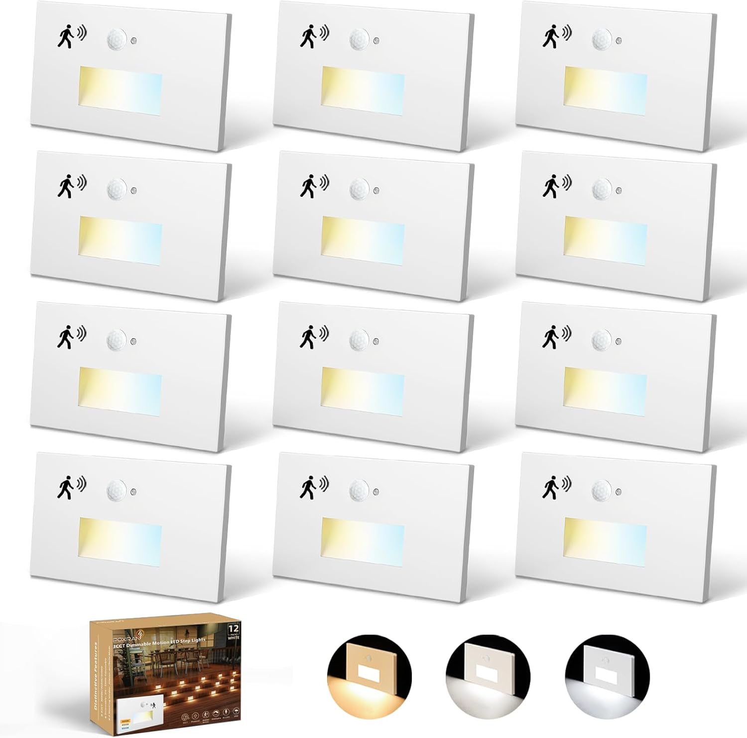 12 Pack Motion Sensor LED Step Lights, 3CCT Adjustable 3000K/4000K/6000K Stair Lights, 4W 300LM Dimmable Staircase Lighting, IP65 Waterproof for Indoor Outdoor, 120V Hardwired, ETL, White