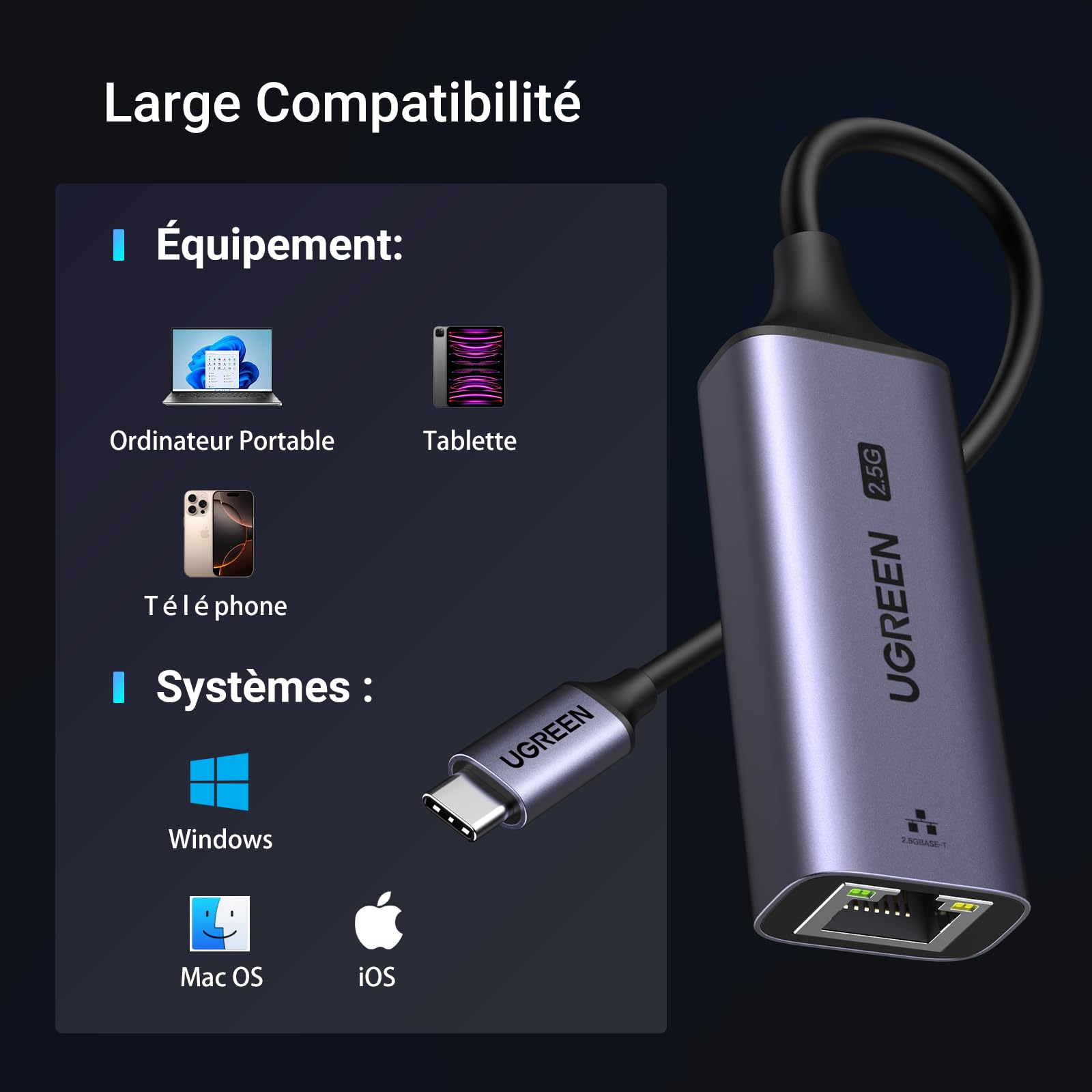 UGREEN Adaptateur USB C vers RJ45 Ethernet 2.5 Gigabit Réseau LAN
