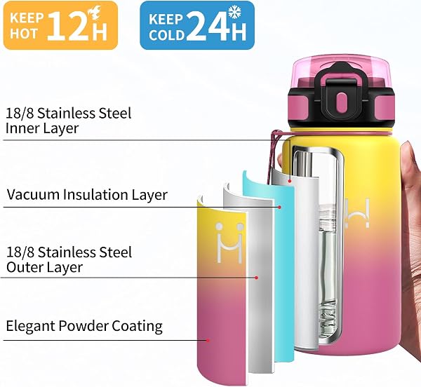 Gourde Inox 500ml, Gourde Isotherme avec Paille, Légère et Résistante, sans BPA, Anti-Fuite, Double Paroi Isolante, pour l'École, le Camping, Sports - 4