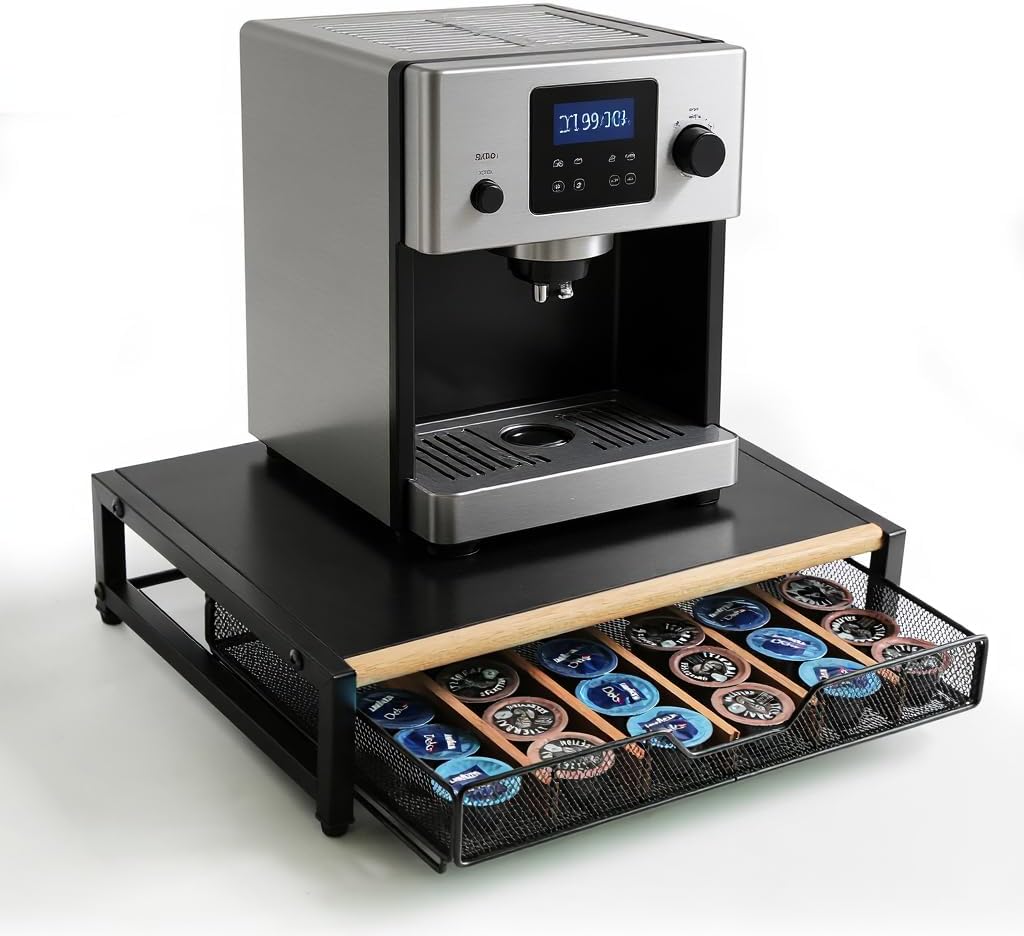 WILDMOS Coffee Pod Drawer,Coffee Station Organizer for Coffee Pod Storage,Movable Solid Wood Partition Board, Counter Coffee Bar Accessories for Nespresso Pods,Cream, Spoon, Sugar（Black)