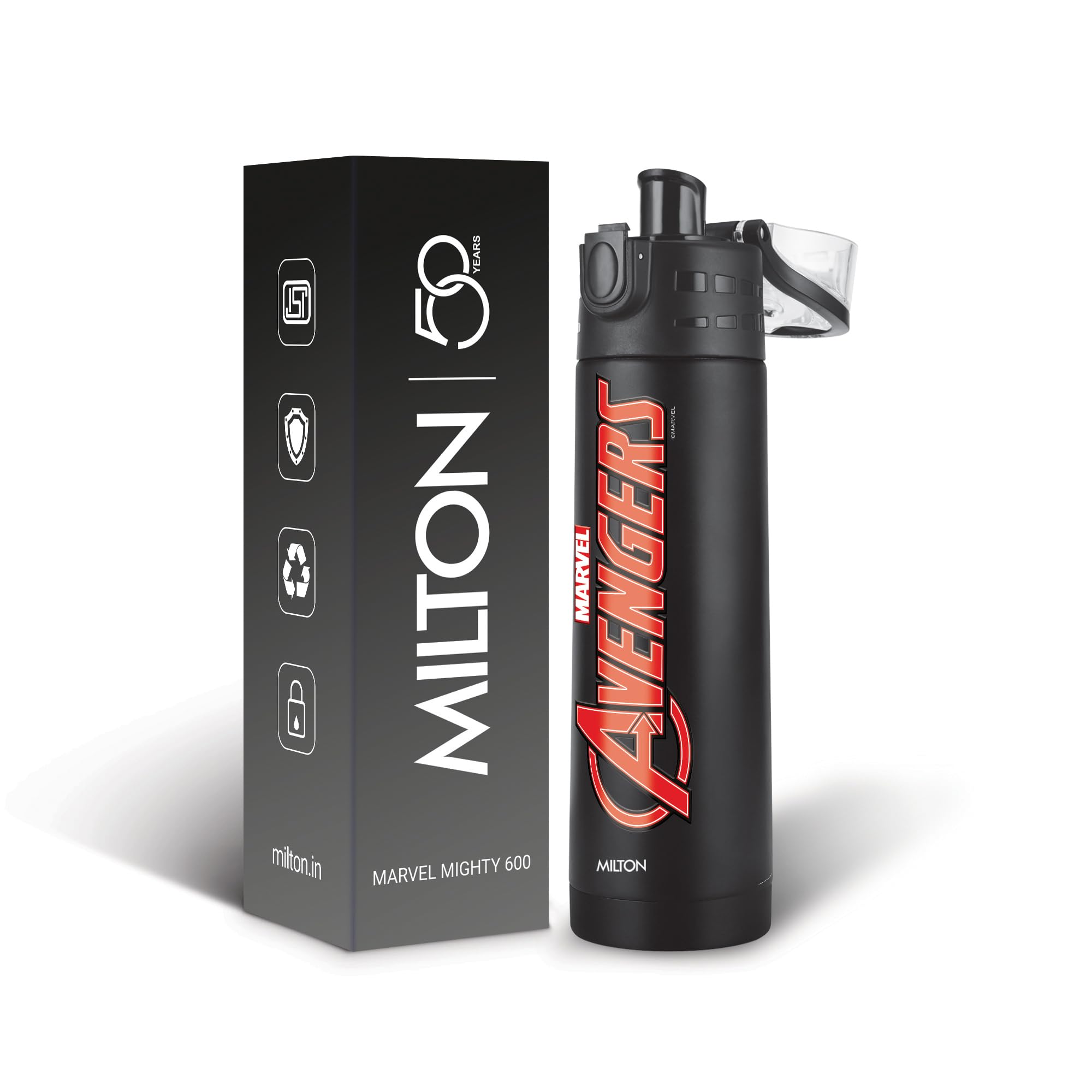Milton Marvel Mighty 600 Thermosteel ISI Certified Water Bottle, 500 ml Stainless Steel, Long Hours Hot and Cold, Leak Proof, Vacuum Insulation, for Office, School, Gym, Black Avengers