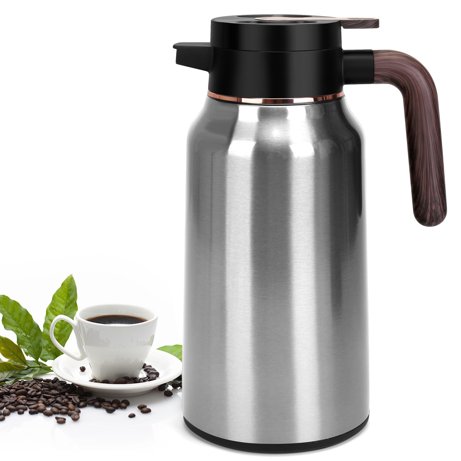 Jarra térmica de café de 68 onzas, jarras de acero inoxidable para líquidos calientes 36 horas, jarras de café aisladas para mantener el café caliente, agua caliente, té, bebidas calientes (plata)