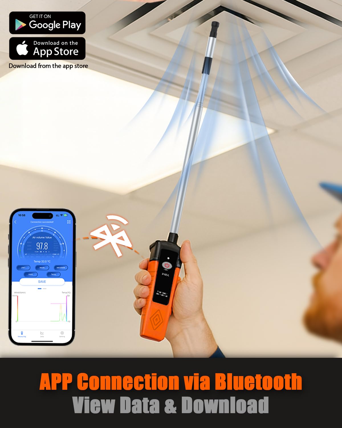 Anemómetro de hilo caliente, XF-9100A Medidor de Velocidad Flujo Aire CFM/CMM con conexión aplicación Bluetooth, Hotwire Anemometer con sonda telescópica, Anemómetro térmico para HVAC, Drones