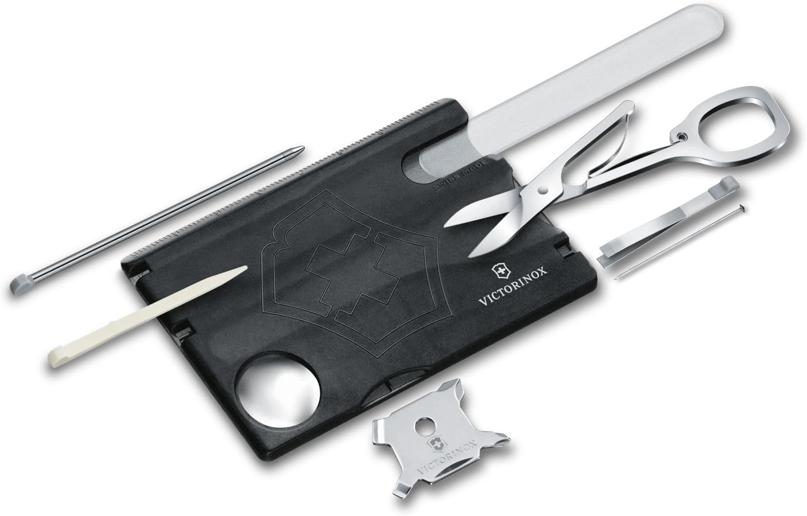 Victorinox Swiss Card Nail Care, Swiss Made Pocket Tool, Credit Card Size, 13 Functions, File, Scissors, Black Transparent
