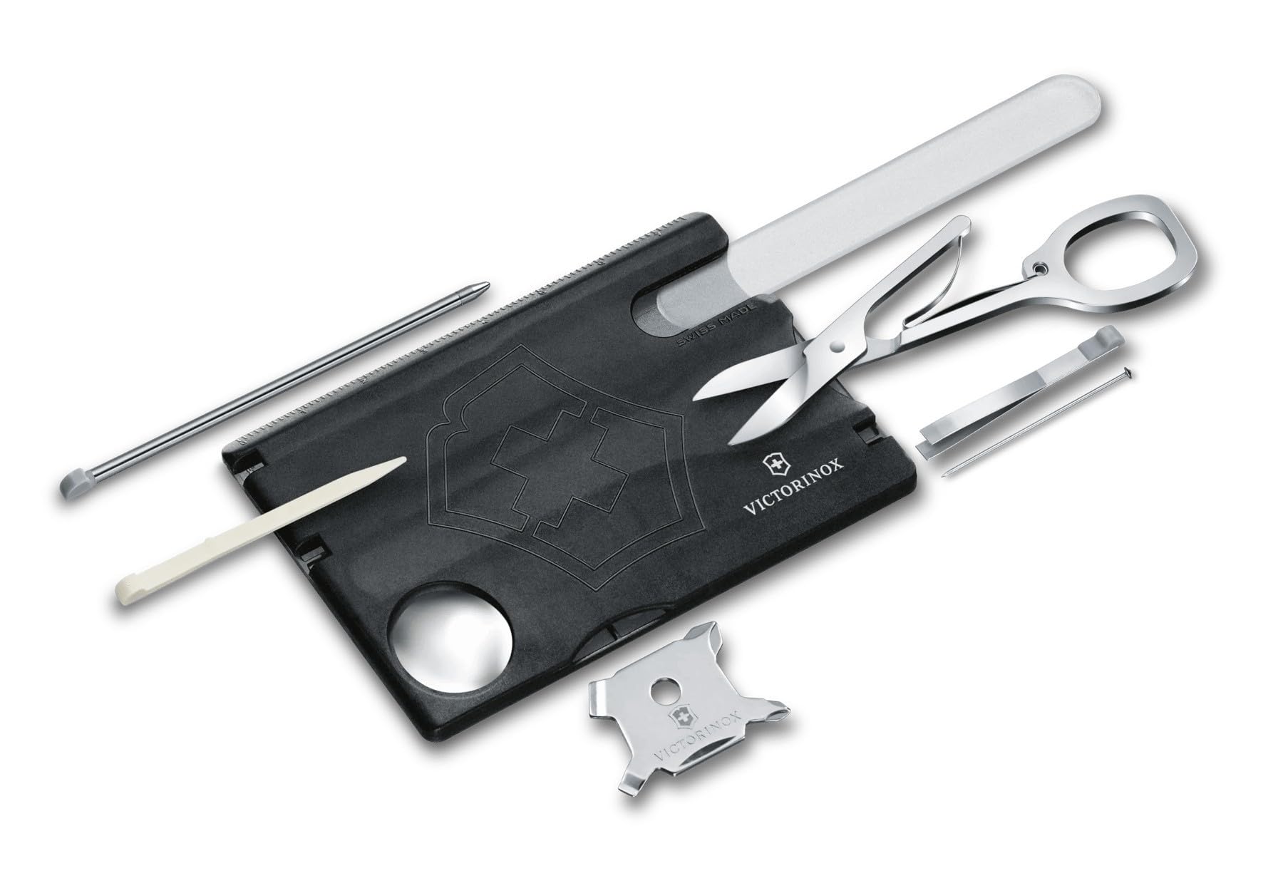 Swiss Card Nail Care, Swiss Made Pocket Tool, Credit Card Size, 13 Functions, File, Scissors, Black Transparent