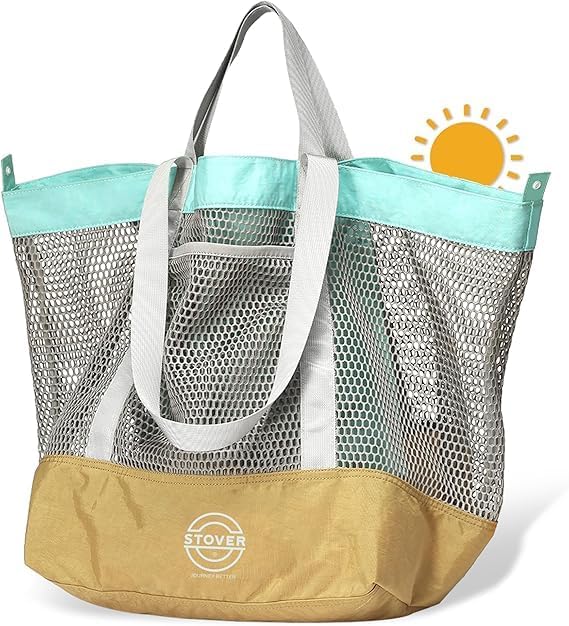 STOVER Extra Large Mesh Beach Bag, Vacation, Pool, Shopping & Travel Tote - Foldable w/Storage Pouch & Pockets for Women, Men