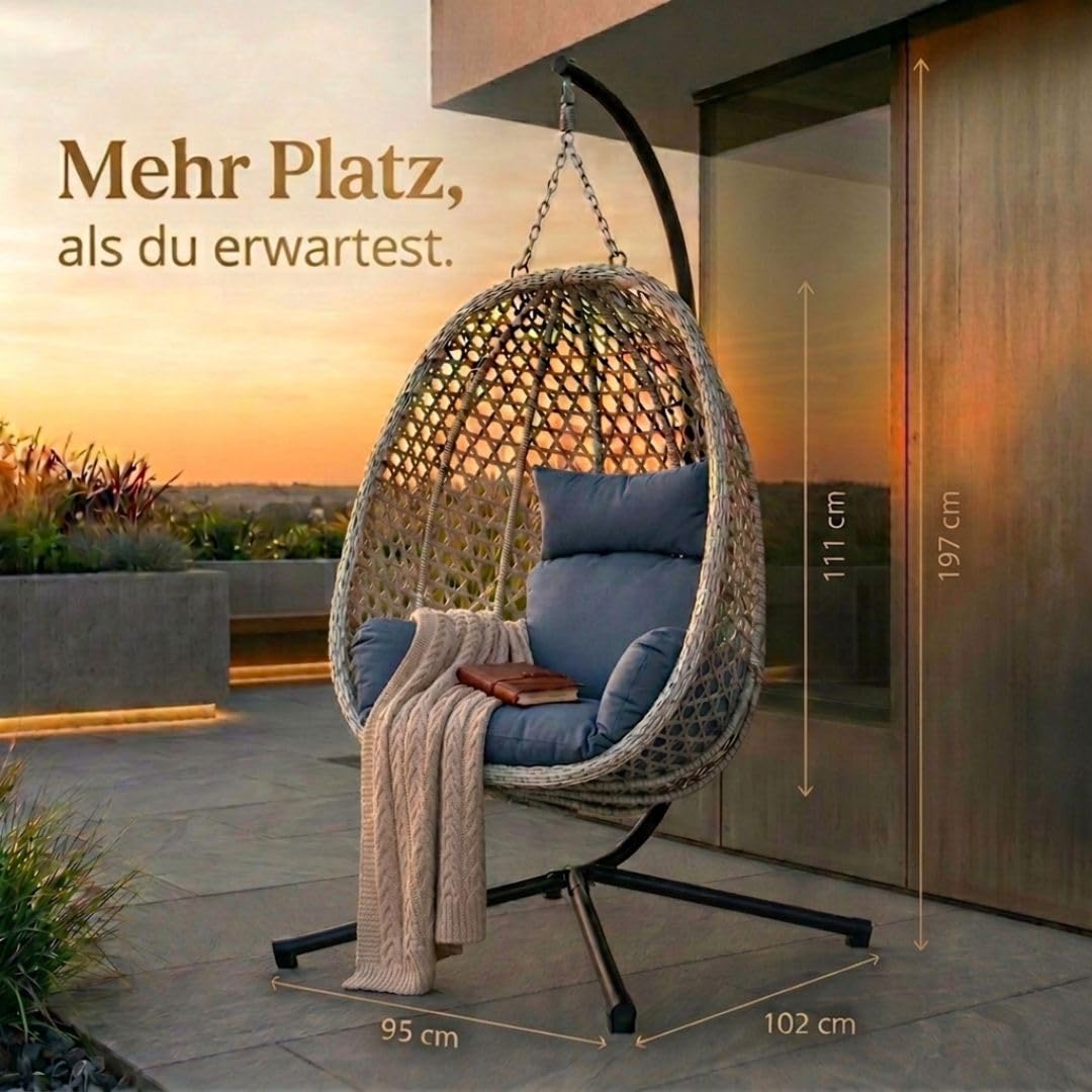 Luxus Hängesessel mit Gestell für Outdoor & Indoor – Ganzjähriger Loungesessel mit Sommer-/Winter-Wendebezug, bis 150 kg belastbar, inklusive robuster Abdeckplane, faltbar, Grau