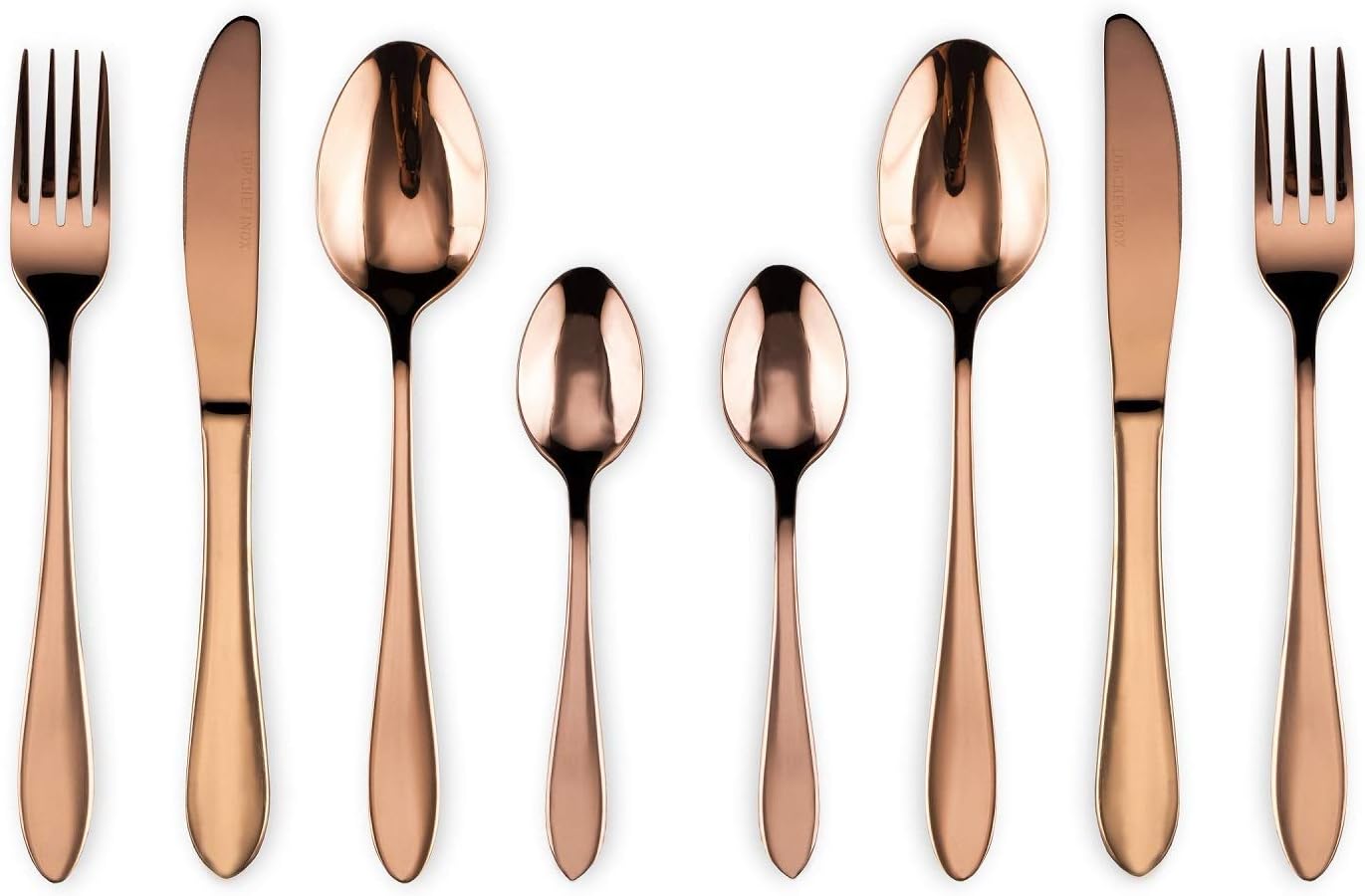 ANH MART Mirror Finish Rose Gold Plated Stainless Steel Flatware Set Copper Silverware Set Rose Gold Spoon Color Cutlery Set [Dinner Fork-Tea Spoon-Salad Spoon-Knife] Set of (Set of 8)