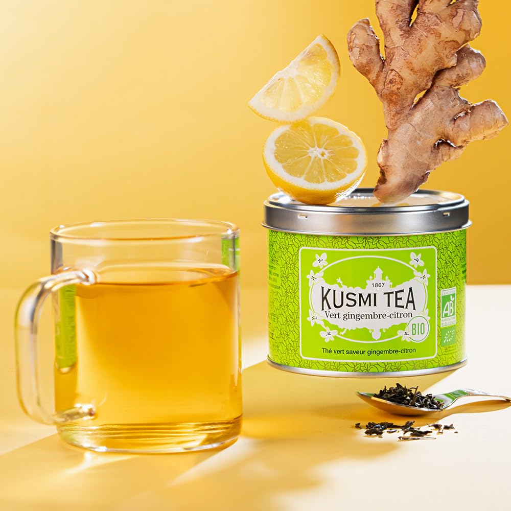 Kusmi Tea - Green Ginger Lemon - Organic Blend of Green Tea with Ginger & Lemon - Enjoy Hot or Iced - Loose Leaf Tea - Tin Box of 3.5 oz - Quantity for about 50 cups