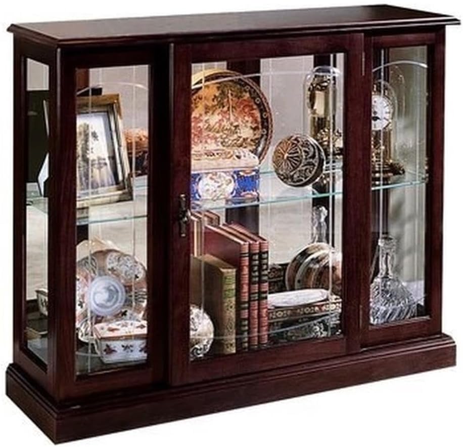 Home Fare Ridgewood Glass Mirrored Curio China Cabinet Console in Cherry, Fully Assembled, Lighted