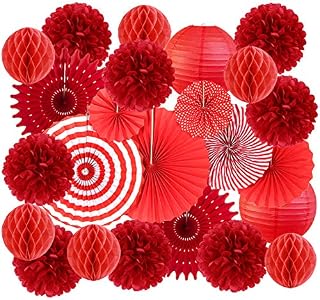 SUNBEAUTY Red Birthday Decorations Set, Red Party Decorations for Girls Valentines Decorations Hanging Paper Pom Poms Flower Fan Honeycomb Balls Wedding Decorations