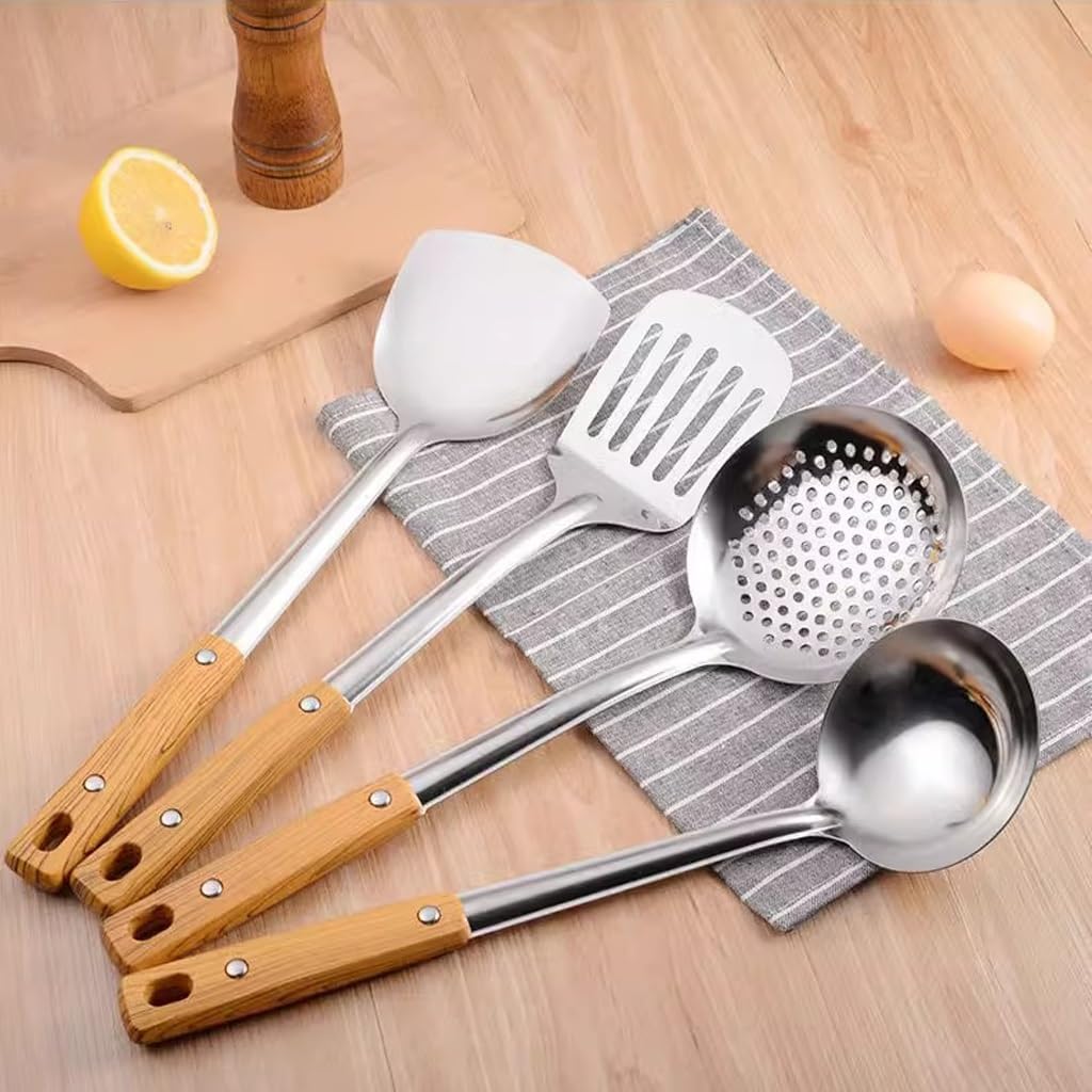 Cooking Tool Set Cookware Kitchen Utensils Non-Stick Soup Ladle Spatula Steel Handle with Holder