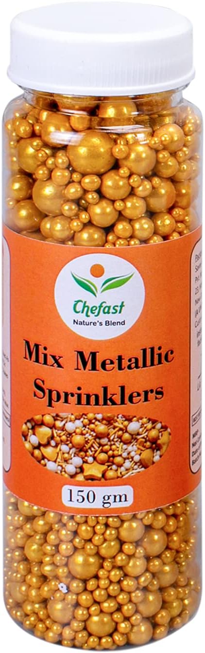 Chefast 7 Size Metallic Golden Pearl Ball 150 gm Colorful Candy Sprinkles Mix Baking Edible Cake Decorations Cupcake Toppers Cookie Decorating Ice Cream Toppings