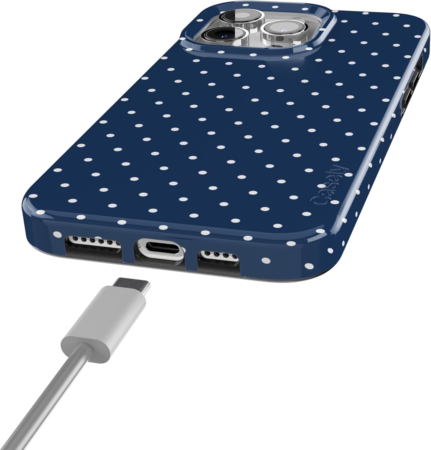 Casely iPhone 15 Pro Case | On the Dot | Navy Polka Dot | Compatible with MagSafe | Classic Ultra Slim Design