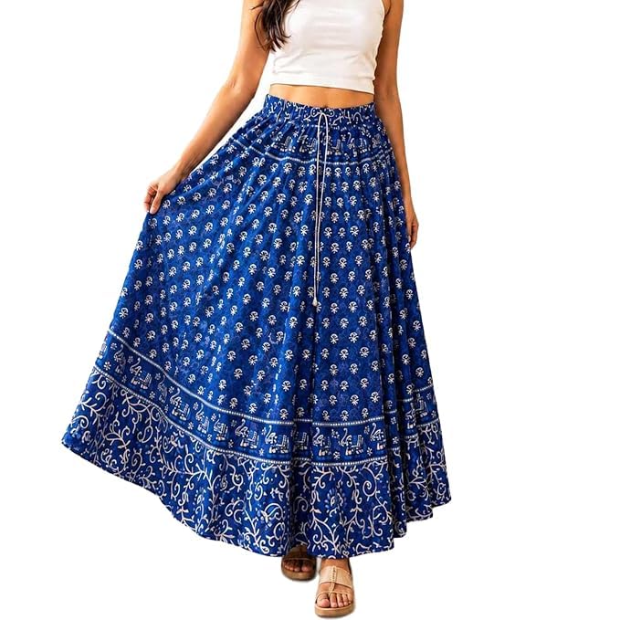Women's Cotton Rajasthani & Jaipuri Long Maxi Stylish Comfortable Wraparound Skirt Blue-picture-31