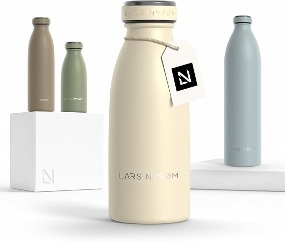 LARS NYSM Stainless Steel Insulated Water Bottle 12oz 17oz 25oz 34oz 51oz | Insulated Thermo Flask for Hot and Cold Beverages | Leakproof Drinking Bottle (Almond Beige, 11.9oz)
