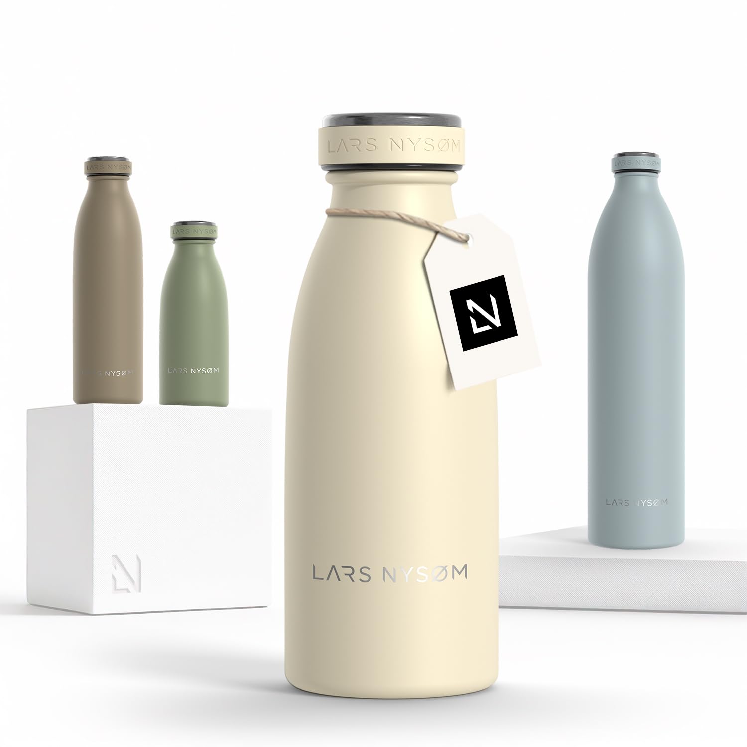 LARS NYSØM Edelstahl Trinkflasche 350ml, 500ml, 750ml, 1L, 1 5 liter | Thermosflasche Kohlensäure geeignet | Auslaufsichere Wasserflasche für Sport, Outdoor (Almond Beige, 350ml)