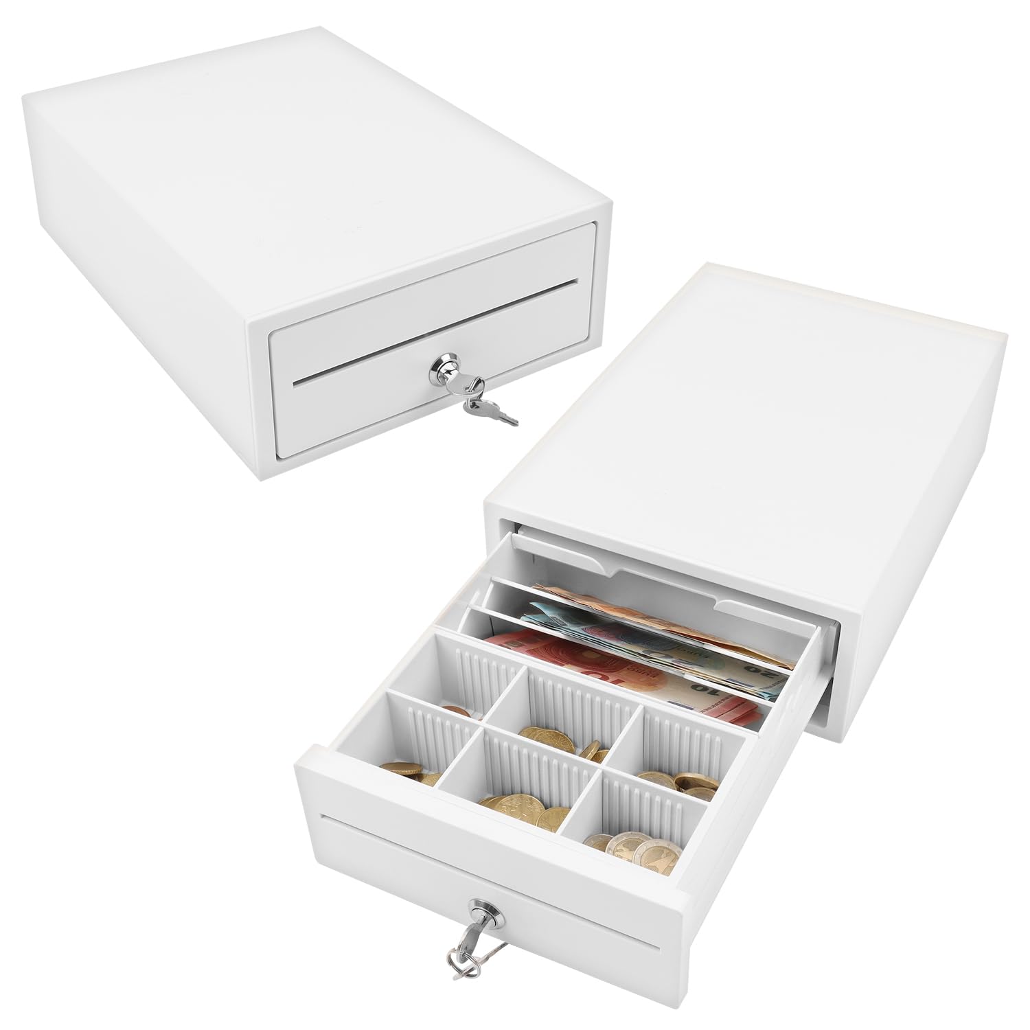 OLYMPIA Mini 208 Cajón de efectivo de metal completo | Base para caja registradora | Cajón con 6 monedas y 3 compartimentos para billetes | Conector RJ12 y cerradura
