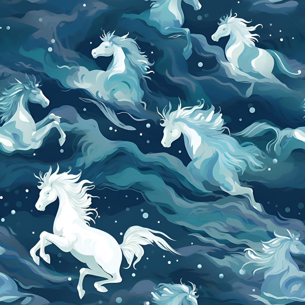 REDAMANCY Modern Abstract Blue White seawave Mythical Horse Peel and Stick Wallpaper Vintage Wall Paper Stick on Contact Paper Easy Peel Off for nightstand Drawer Renter Friendly 17.7"x236"