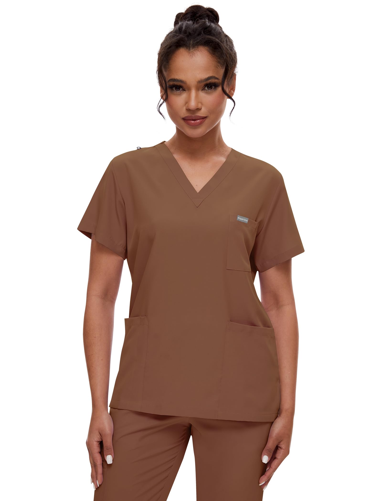 niaahinn Scrubs for Women Set - Classic V-neck Top & Yogga Waistband Jogger Pants with 8 Pockets Breathable Slim Fit Suit (Brown,M)