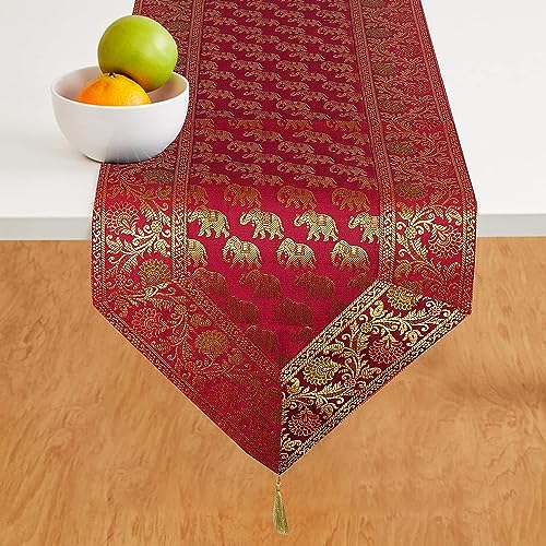 Image of Traditional Brocade Silk Table Runner for Living Room 4 to 6 Seater Dining Table Runner Elephant End Tassels 14x80 Inches (Maroon)