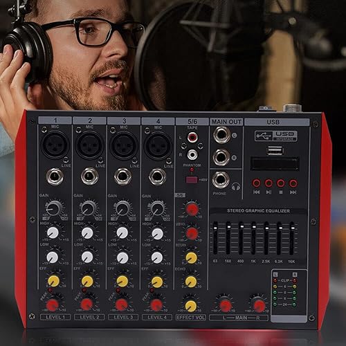Miniatura 8 de Mezclador de audio profesional Bluetooth DJ - Controlador de DJ de 6 canales, mezclador de sonido, entrada MP3, 48 V, alimentación fantasma, estudio
