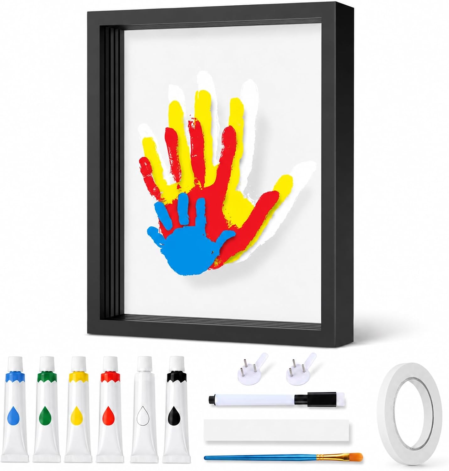 Wooden Transparent Handprint Frame Set, DIY Family Handprint Keepsake Kit with 4 Clear Sheets,Acrylic Board, Colorful Paints, DIY Baby Handprint Paw Print Frame for Couple, Parent & Child (Black)