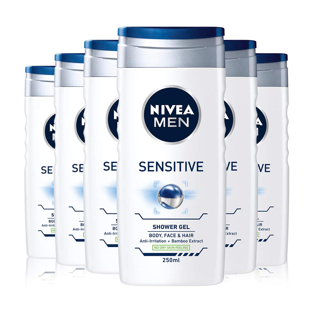 NIVEA 6 X 250 ML for Men Sensitive Shower Gel - Body Face & Hair