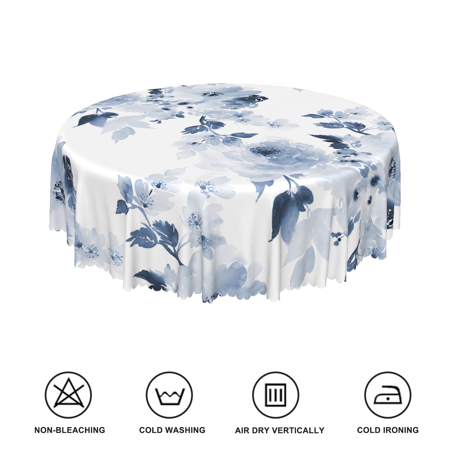 Mantel redondo floral azul acuarela de 60 pulgadas, estampado de flores azul marino y blanco, mantel circular de arte moderno, mantel de tela impermeable para el hogar, cocina, comedor, patio,