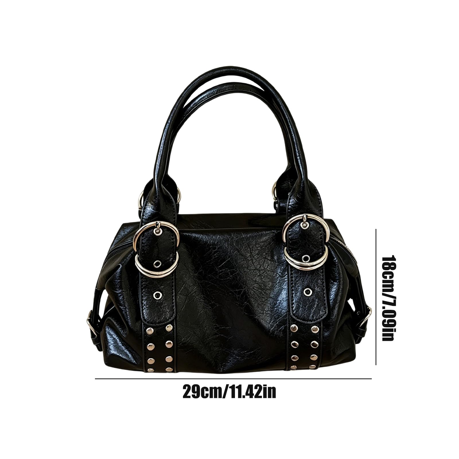Bolso de mano de piel sintética de gran capacidad para mujer con cierre de cremallera | Bolso de hombro con remache de color sólido de gran capacidad para mujer, piel sintética, cierre de cremallera