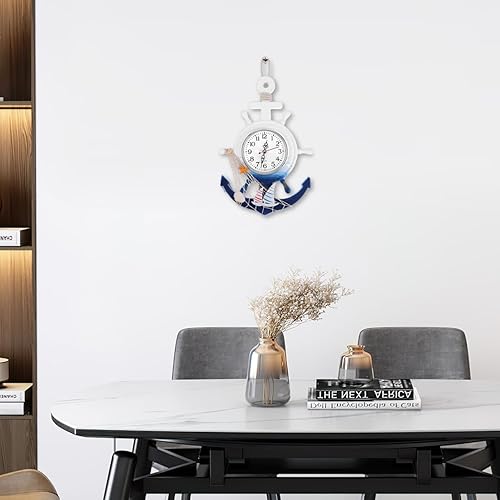 Miniatura 4 de Garneck Reloj de pared de ancla de barco de estilo mediterráneo, reloj de rueda de ancla de madera, decoración para el hogar, decoración del hogar,