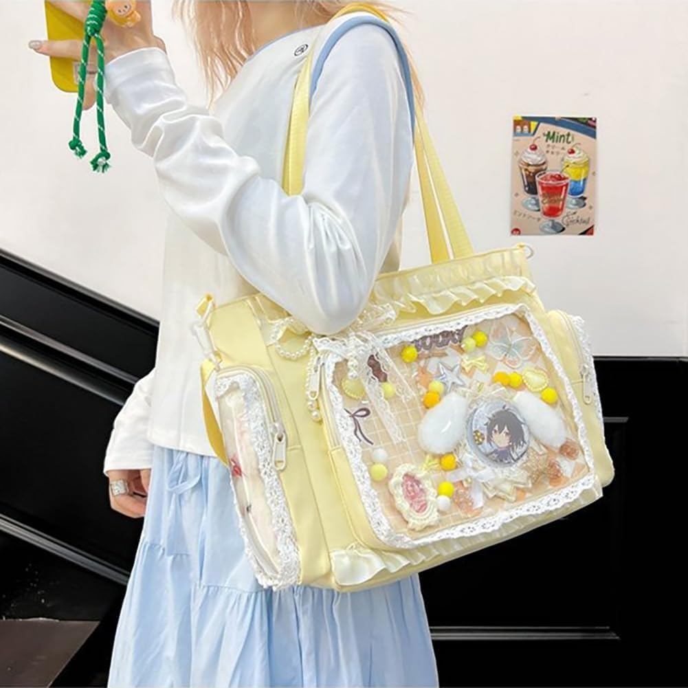 Kawaii Ita Bag with Clear Display Window, Soft Lace Ruffle Trim Shoulder Purse,Multi-Pocket Crossbody Tote for Anime Cosplay