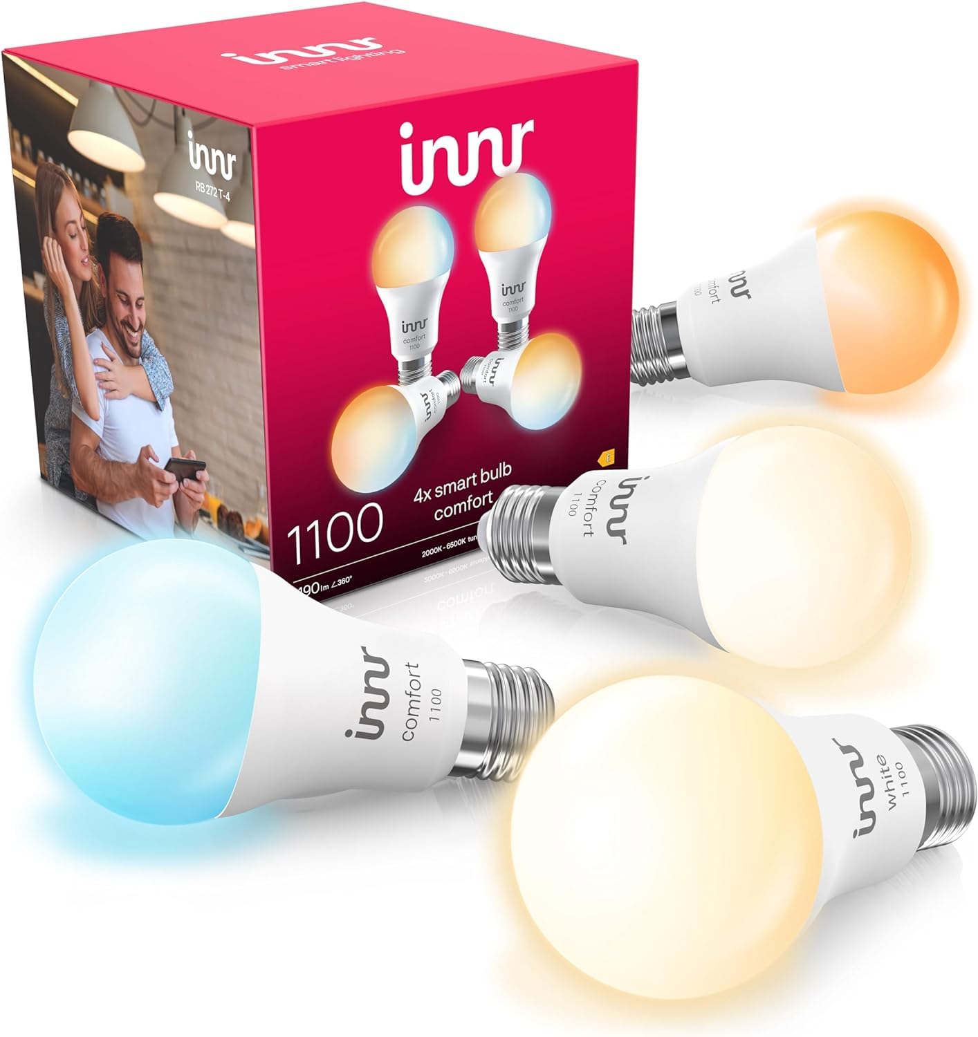 innr Ampoule Connectée E27, Blanc Chaud à Froid, pour Hue* et hubs Zigbee | LED Lampe, 2000K-6500K, 50 % de luminosité en plus, 1190 lumens, Intensité Variable, 4-pack
