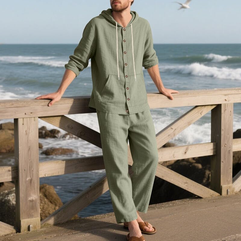 Men's 2 Pieces Cotton Linen Set Casual Long Sleeve Henley Shirts Beach Yoga Pants Summer Outfits
