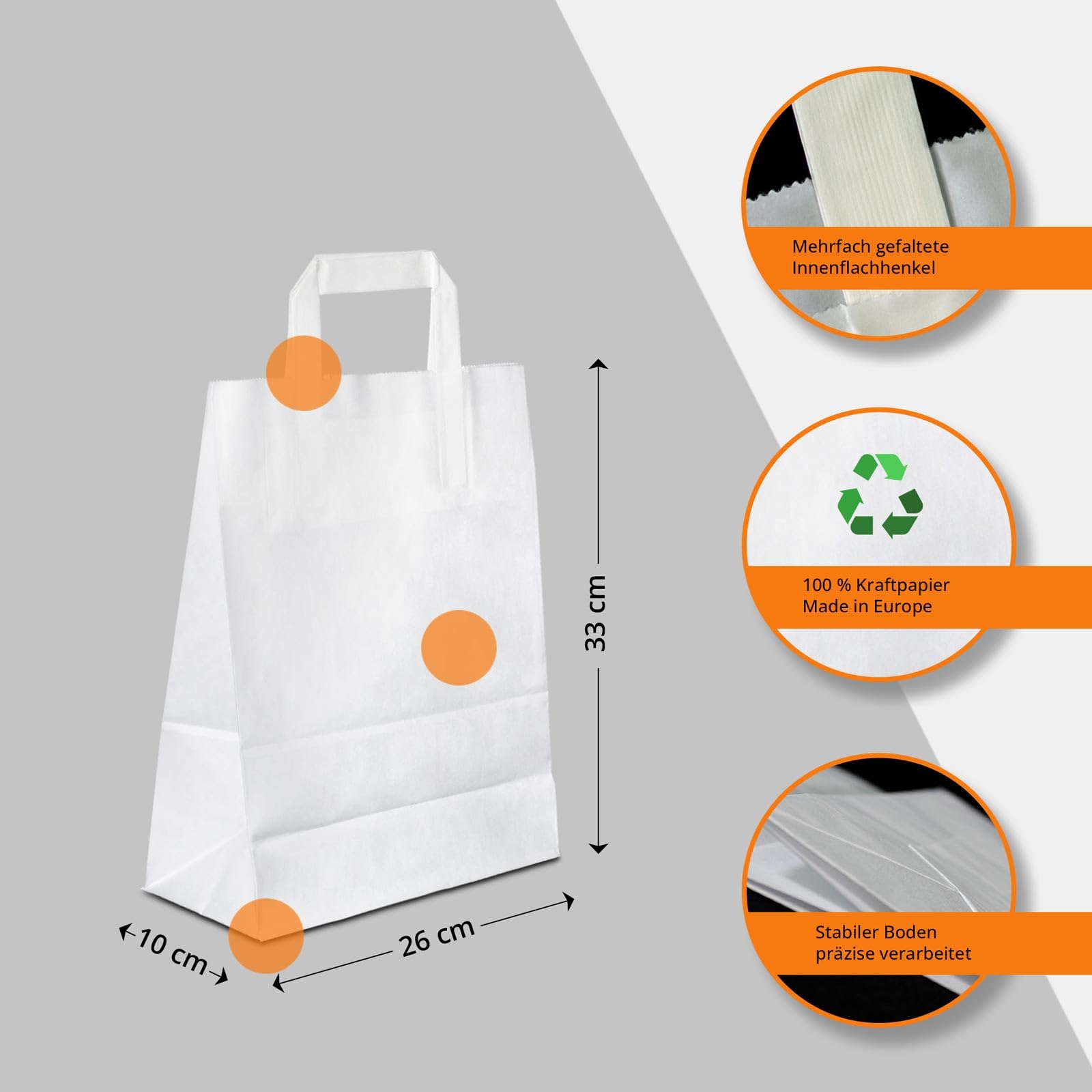 Papiertüten weiß mit Flach-Henkel I 500 Stk. 26+10x33cm I Papiertragetasche für Einzelhandel, Hochzeit, Geburtstag, TO-GO I Geschenktüten aus Kraftpapier I HUTNER