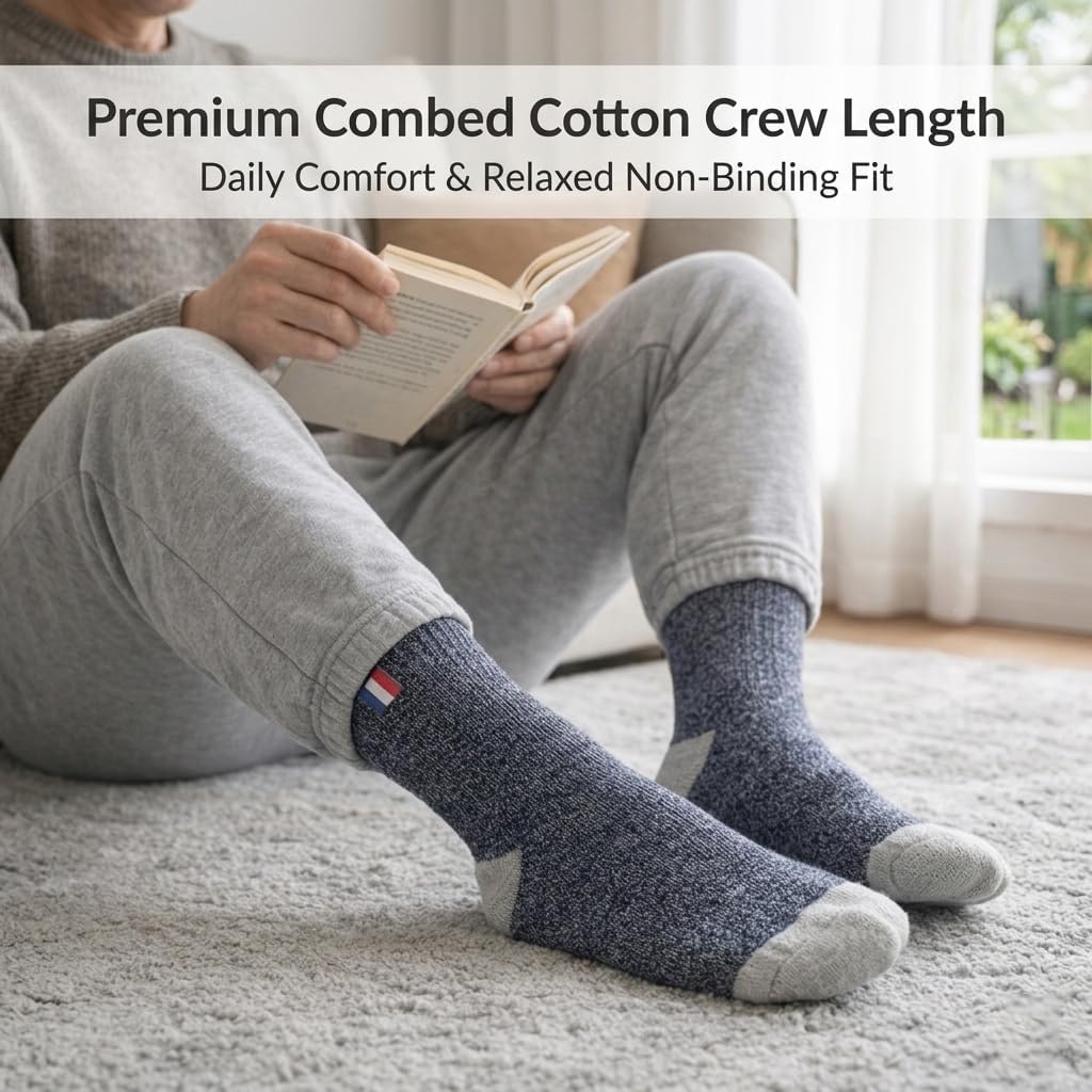 3-Pack 80-90% Combed Cotton Crew Socks, Non-Binding Stay-Up Cuff, Daily Comfort Cushioned Sole for Impact Protection, Breathable & Skin-Friendly, Year-Round Wear for Seniors