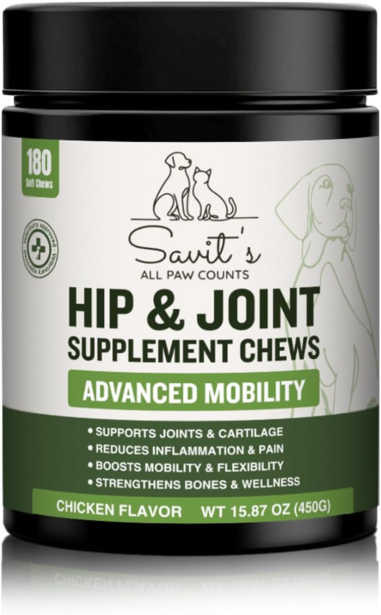 Savit’s Dog Hip and Joint Supplement Chews – Dog Joint Supplement for Mobility – Canine Hip Support Pain Relief Supplements with Glucosamine, Turmeric, Chondroitin – Chicken Flavored – 180 Soft Chews