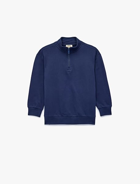 Dik Yaka Uzun Kollu Yarım Fermuarlı Pamuklu Basic Sweatshirt