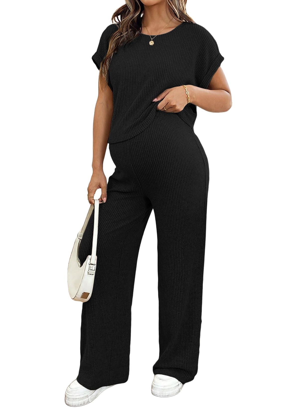 Photo 1 of BLENCOT Maternity Clothes Ribbed Knit Lounge Set Short Sleeve Top and Long Pants Maternity Sleepwear Pajamas Sets Two Piece Matching Outfits Set Black L