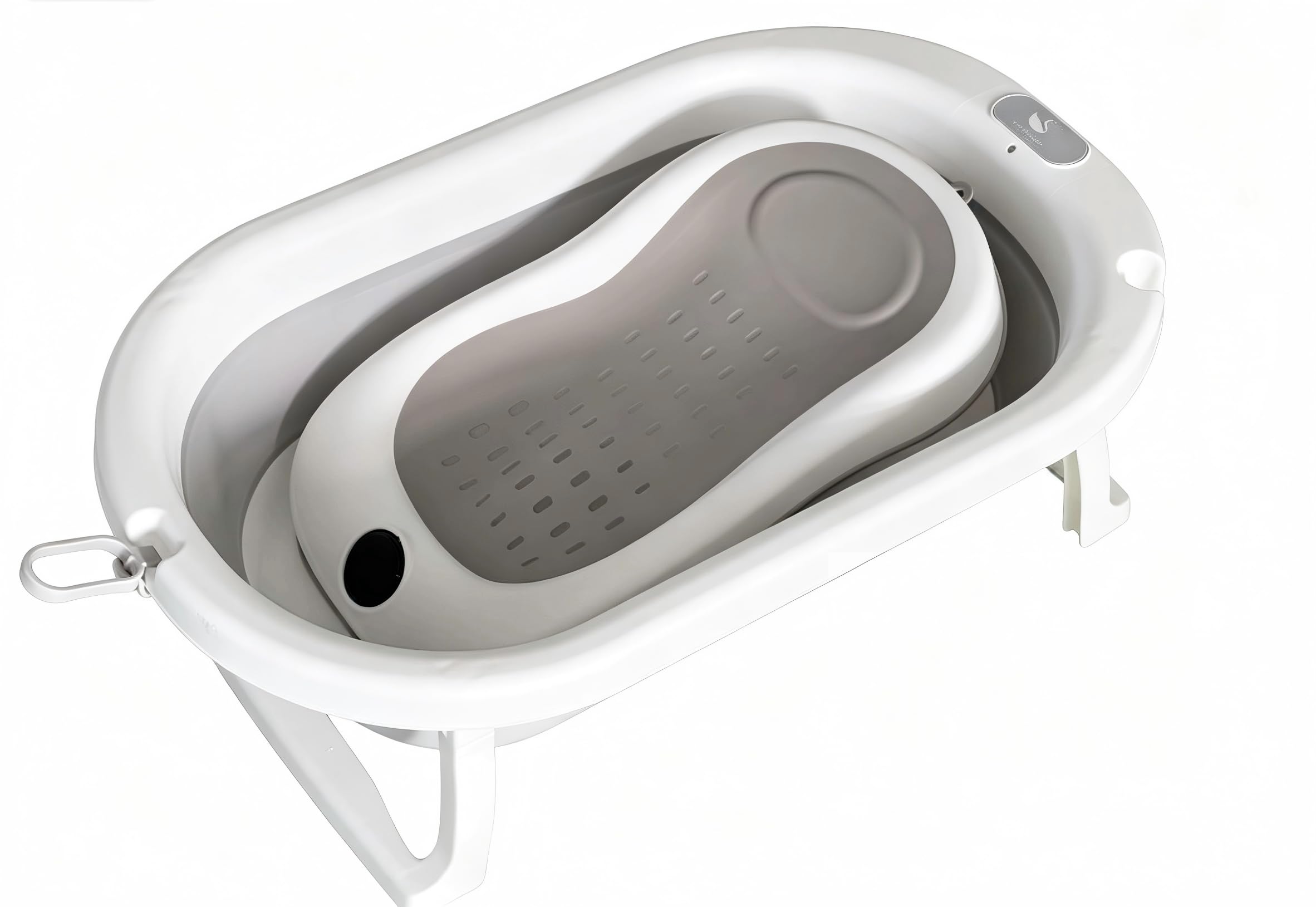 Bañera plegable para bebé con termómetro impermeable integrado, marco reforzado estable sin tambaleo, drenaje rápido, soporte de base aislante, bañera redonda ergonómica para bebé