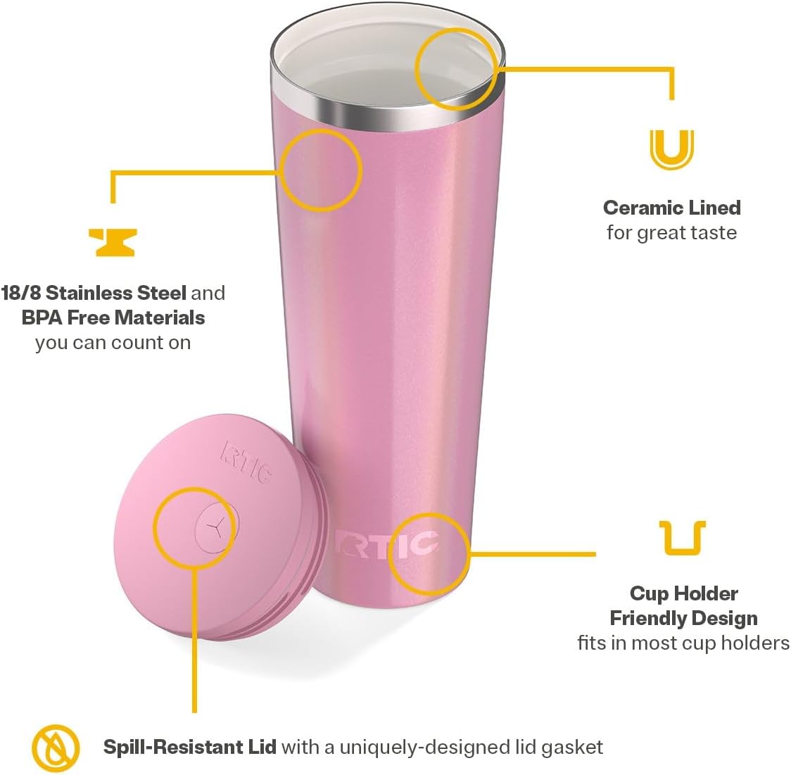 RTIC 28oz Everyday Tumbler Insulated Stainless Steel Portable Travel Coffee Cup with Straw, Ceramic Lining, Spill-Resistant Lid, BPA-Free, Hot and Cold Drink, Dusty Rose Glitter