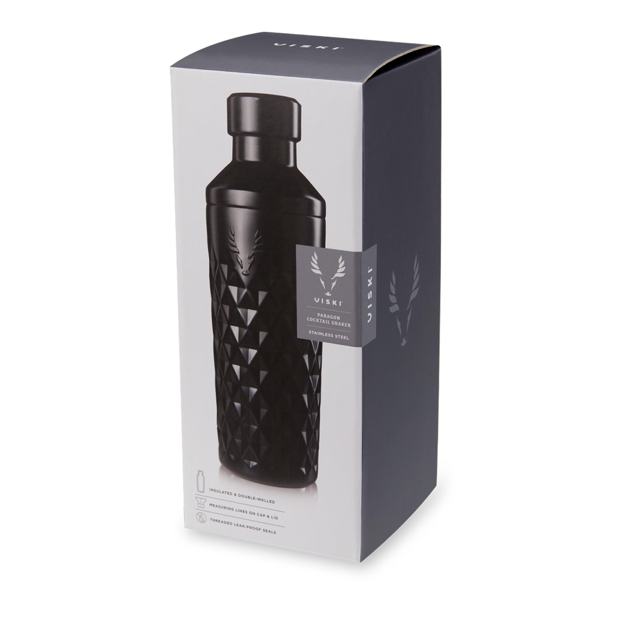 Viski Paragon Shaker à cocktail isotherme à double paroi en acier inoxydable avec passoire intégrée, parfait pour martini, mojito, margarita et autres cocktails, 652 g, obsidienne