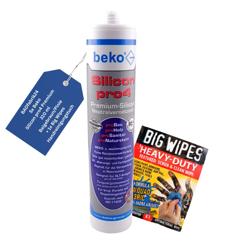 Beko Silicon pro4 Premium 310 ml + Big Wipes – Profi-Silikon für Bad, Küche & Bau – Schimmelresistent, haftstark, UV-beständig (Beigebraun/Pinie, 5)