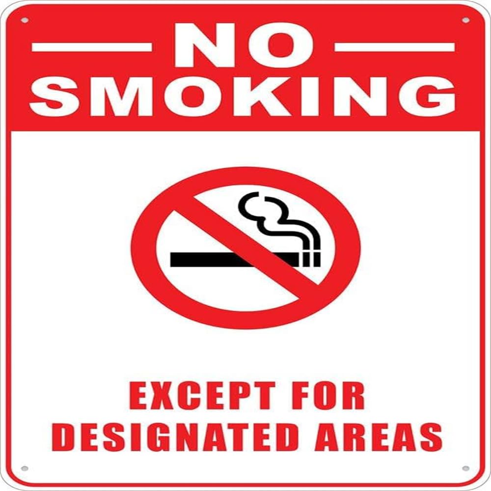No Smoking Except For Designated Areas Sign For Business 12X12 Metal Aluminum Signs, Weather Resistant, Weatherproof, Indoor Or Outdoor