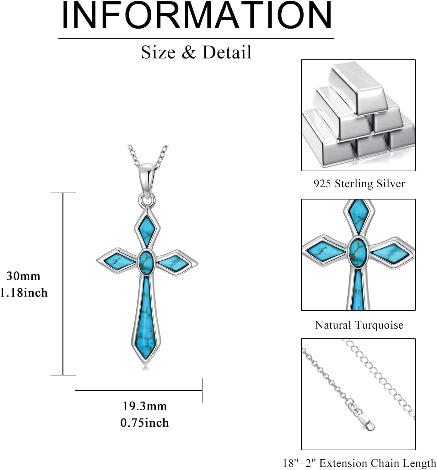 Dainty Sterling Silver Turquoise Cross Necklace for Women, 925 Silver Minimalist Natural Turquoise Cross Pendant with 18 Inch Adjustable Chain, Elegant Boho Religious Jewelry Gift for Her - Image 6