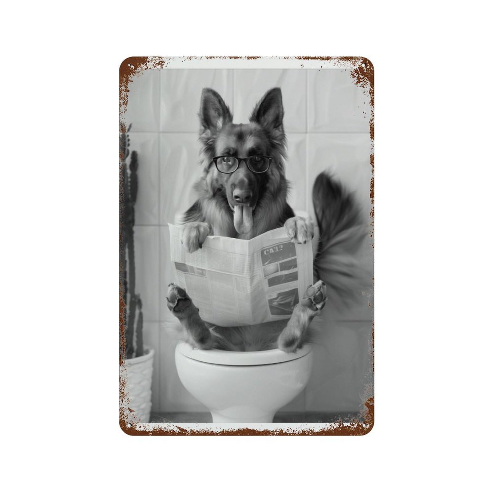 xiaoxiaoshen Funny German Shepherd Toilet Dog Reading Newspaper Wall Decor Art Metal Tin Poster Modern Home Decor Art Home Bar Shop Decorations Vintage Sign 30x20cm